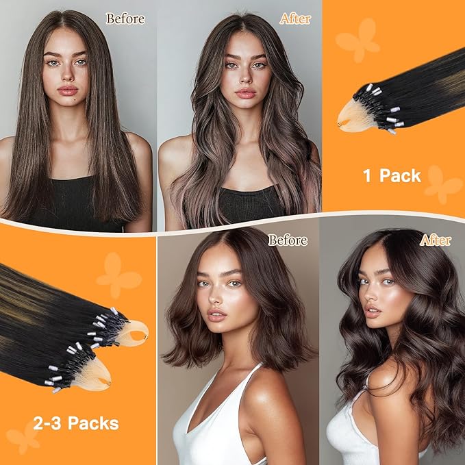 DOORES Microlink Hair Extensions Human Hair, Natural Black to Chestnut Brown 20 Inch 50g/50s, Long Straight Extensions with Beads