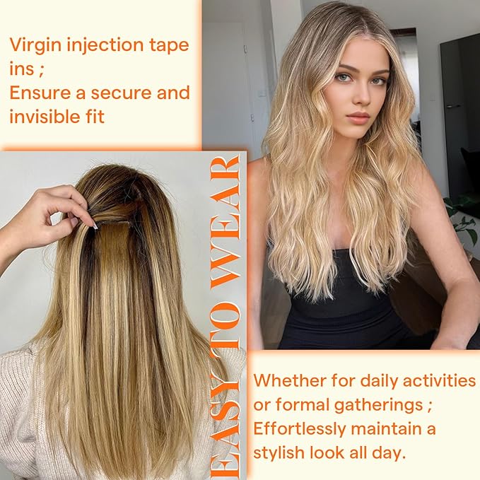 Full Shine Invisible Injection Tape in Hair Extensions Human Hair Medium Brown to Honey Blonde Machine Remy Real Hair Extensions 22Inch Injected Tape in Hair Extentions 10 Pcs 25G