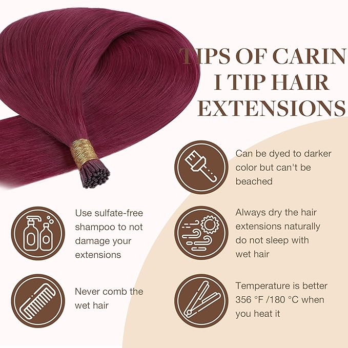 GOO GOO Colored I Tip Hair Extensions, Real Human Hair, 22inch 50g 50S, Cold Fusion, Invisible Remy, Burgundy Red