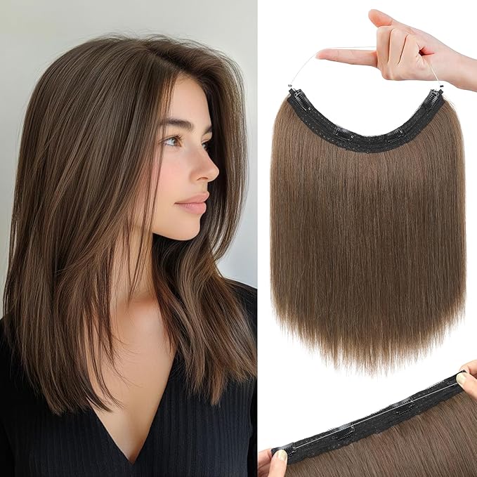 REECHO 12" Invisible Wire Hair Extensions with Thinner Softer Lace Weft Adjustable Size Removable Secure Clips in Short Straight Secret Hairpiece for Women - Ginger Brown