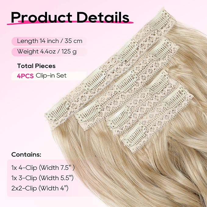 REECHO Clip in Hair Extensions - 14" Short Beach Wavy Hairpieces with Invisible Lace Weft - Natural Soft Hair for Women - Dark Blonde with Light Ends