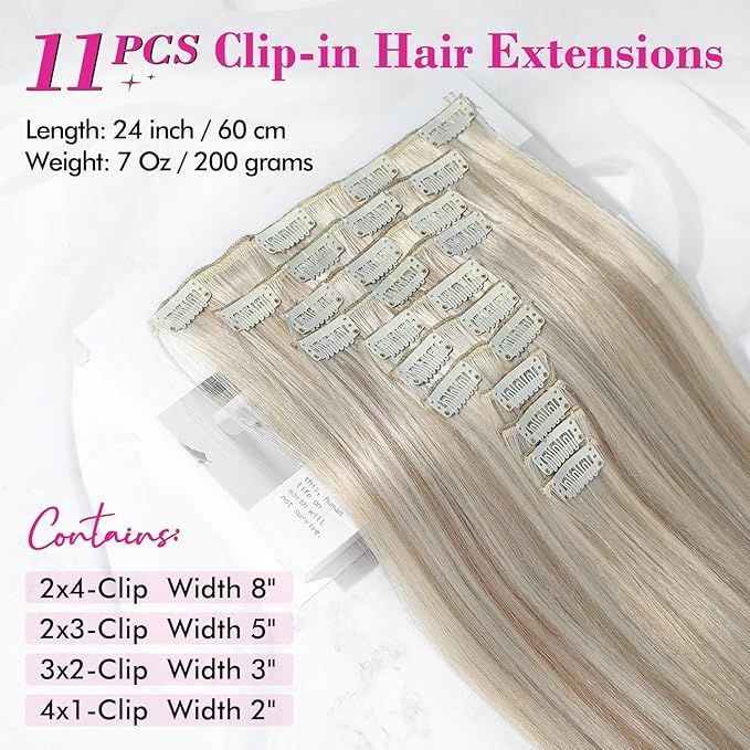 REECHO Hair Extensions, 11PCS Clip in Hair Extensions 24" Long Straight hair extensions HE005 Natural Soft Synthetic Hairpieces for Women – Honey Blonde with Highlights