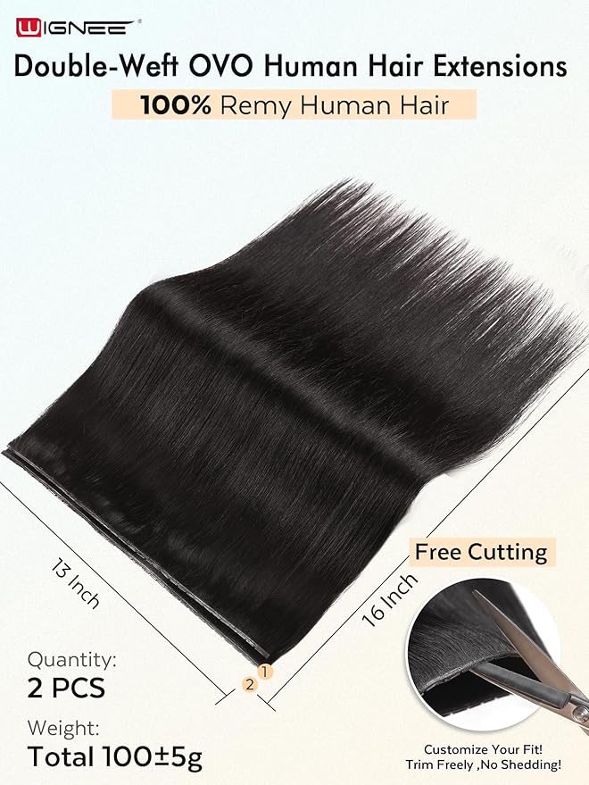 WIGNEE New Double Layered PU OVO Hair Extensions Natural Black Straight Human Hair weft with beads 100% Real Human Hair Extensions 16 Inch Seamless Micro Beads Human Hair Extensions Glueless (1B)