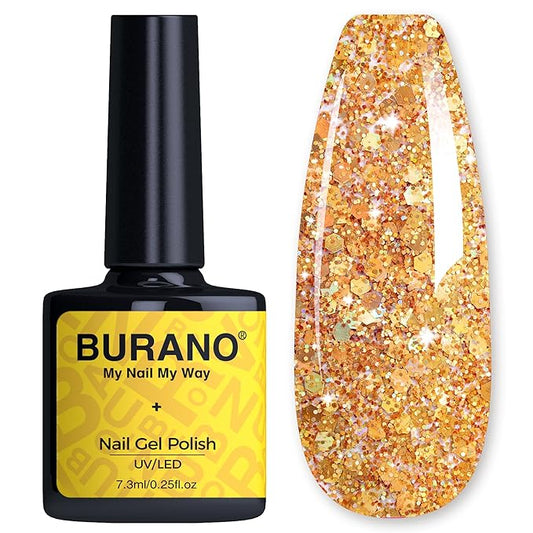 BURANO Glitter Gel Nail Polish, LED UV Holographic Effect, No Chip Home DIY Salon (Gold LP40)