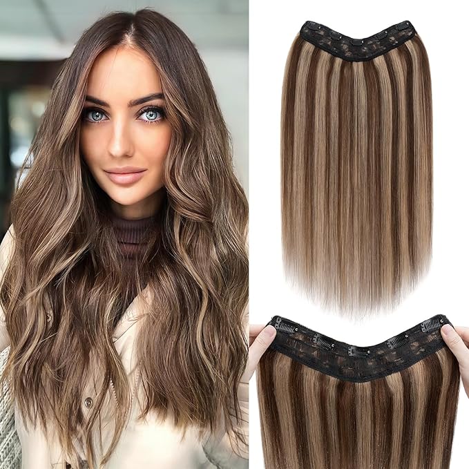 Benehair V Shaped One Piece Clip in Hair Extensions Real Human Hair 3/4 Full Head Weft Thicker Hair Lace Net One Piece Hair Extensions with 5 Clips (18"-70g #4P27 Medium Brown Mixed Dark Blonde)