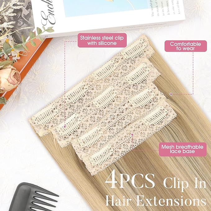 Clip in Hair Extensions Long Straight Synthetic Light Brown mix Golden Blonde 4 PCS Thick Hair Extensions Fiber Double Weft Hair Pieces for women 22 Inch
