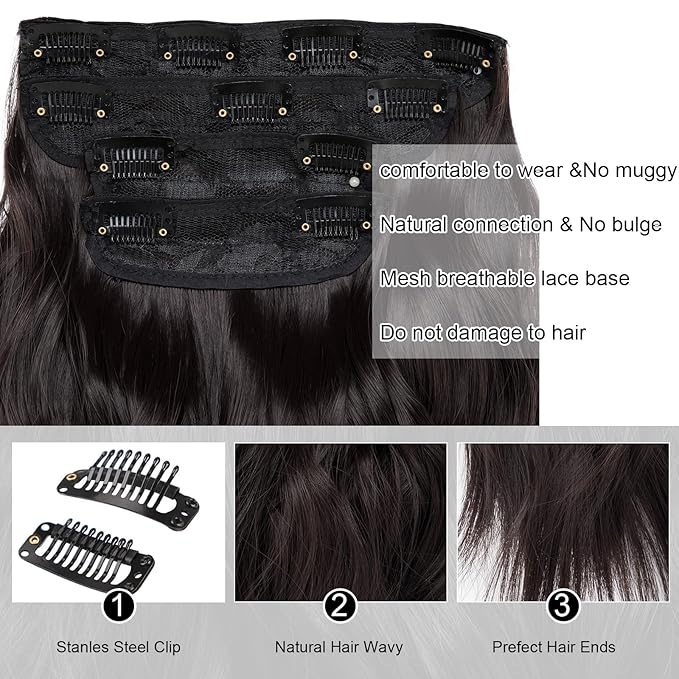 Dark Brown Clip in Hair Extensions 20 Inch Long Wavy Hair Extensions for Women Natural Synthetic Hairpieces 4 Pcs
