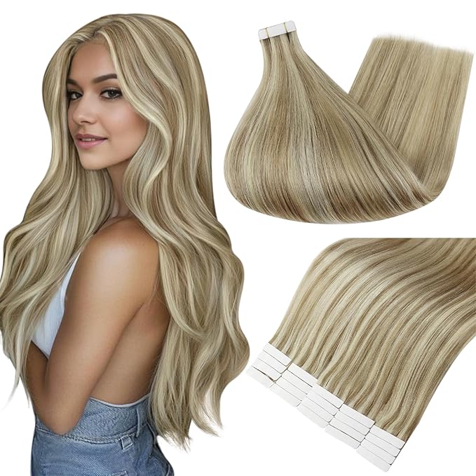 Full Shine Hair Extensions Real Human Hair Tape in Color 16/22 Golden Blonde and Honey Blonde 24 Inch Invisible Ouble Sided Tape in Hair Extensions 40PCS Straight Soft and Silky 100 Grams Add Volume
