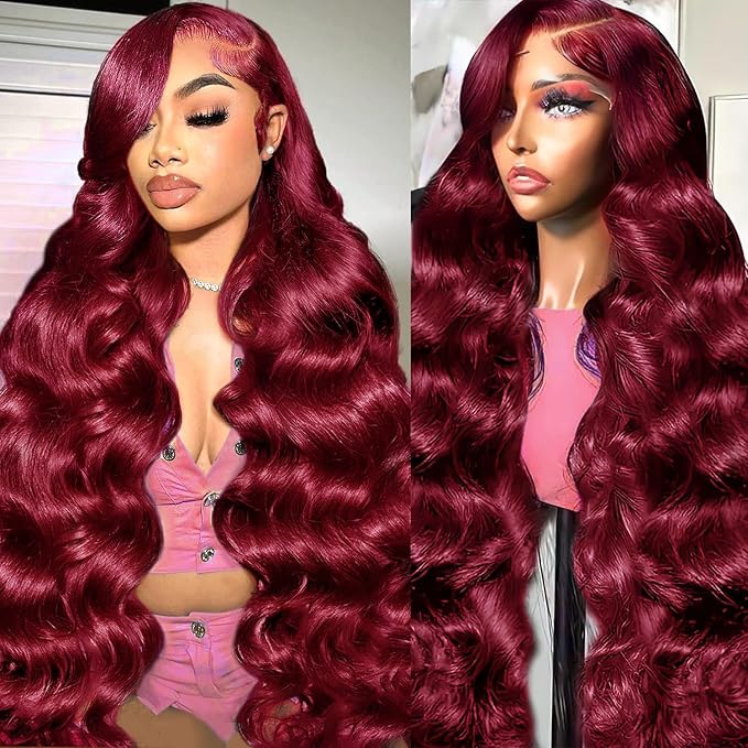 30 Inch 99j 13x6 HD Lace Front Wigs Human Hair Red Burgundy Wigs Human Hair Pre Plucked Burgundy 200 Density Wine Red Body Wave Lace Frontal Wigs Pre Plucked