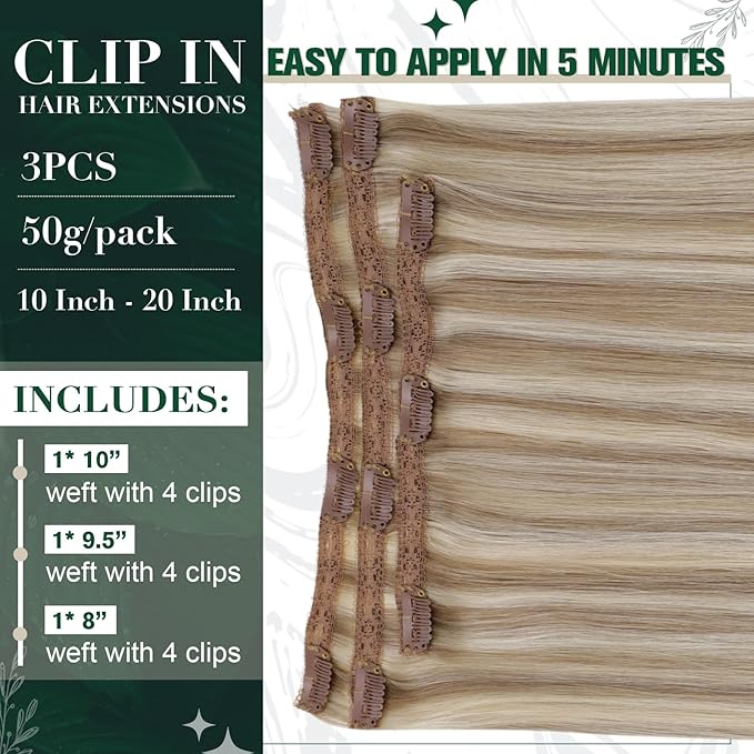 RUNATURE Human Hair Clip in Extensions, Clip in Hair Extensions Real Human Hair for Women, Double Weft Straight Remy Hair, Add Length, 18 Inch 50g 3pcs #8P60 Ash Brown Highlight Platinum Blonde