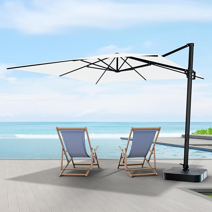 Midtown Umbrellas 9 x 9 Ft Outdoor Cantilever Patio Umbrella w/Terylast Ivory White Fabric - Rotate 360° Offset Patio Umbrella, Deck Patio Umbrella, Backyard Umbrella & Garden Umbrella - Black Frame