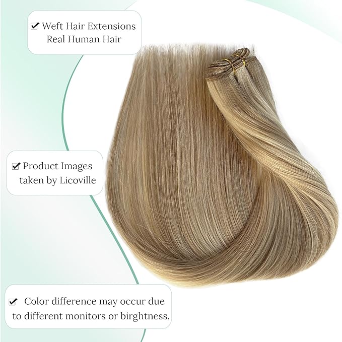 Sew in Hair Extensions Real Human Hair, Balayage Blonde Human Hair Bundles Sew in Hand Tied Hair Extensions Beige Blonde with Platinum Highlight Hair Wefts for Women 16 Inch 100G