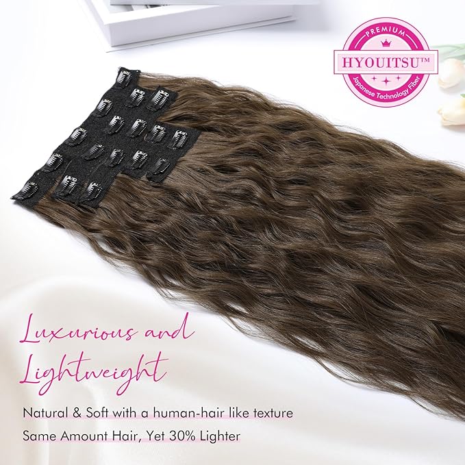 REECHO Hair Extensions, 5PCS Brown Clip in Hair Extensions 24" Thick Long Loose Waves hair extensions HE002 Invisible Lace Weft Natural Soft Hairpieces for Women – Chocolate Brown