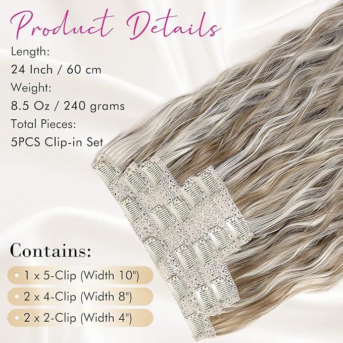 Hair Extensions, REECHO Brown Clip in Hair Extensions 24" Thick Long Loose Waves hair extensions HE002 Invisible Lace Weft Natural Soft Hairpieces for Women – Ash Brown with Platium Highlights
