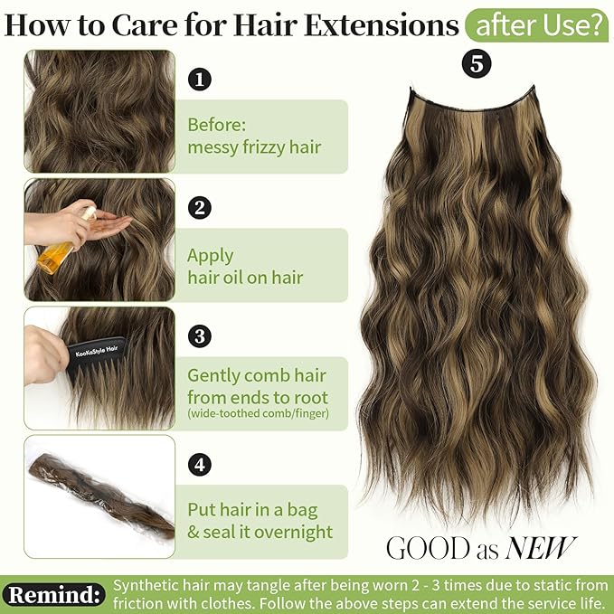 KooKaStyle Invisible Wire Hair Extensions with Transparent Headband Adjustable Size 4 Secure Clips Long Wavy Highlight Synthetic Hairpieces 20 Inch Balayage Chocolate Brown to Caramel Blonde for Women
