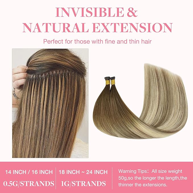 GOO GOO I Tip Hair Extensions Real Human Hair, 16inch 50g 100S, Cold Fusion, Invisible Remy Hair Extensions, 3/8/613 Balayage Walnut Brown to Ash Brown and Bleach Blonde