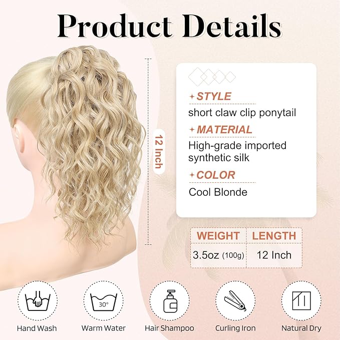 Flufymooz Ponytail Extension, 12" Short Claw Ponytail Extension Wavy Curly Jaw Clip in Pony tails Hair Extension Natural Synthetic Hairpiece for Women (Cool Blonde)