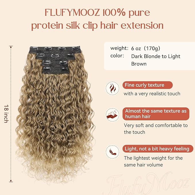 FLUFYMOOZ Clip in Hair Extensions, 18'' 4PC 100％ Pure Protein Silk Curly Hair extension for Women Lace Weft Hairpiece Natural Soft and comfortable for Daily Use-Dark Blonde to Light Brown