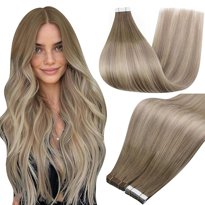 Full Shine Tape in Extensions Human Hair 20Inch Tape in Hair Extensions Balayage Color 8 Ash Brown Ombre 18 Ash Blonde And 60 Platinum Blonde Human Hair Extension 50G 20pcs Seamless Skin Weft Tape ins