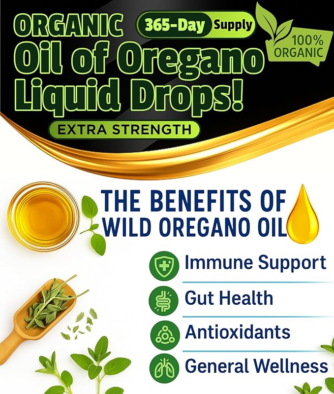Organic Oregano Oil Drops - 1,000 Servings, 12 Month Supply, Wild Oil of Oregano 9X Carvacrol, Immune & Digestive Support, Non-GMO, Food Grade Herbal Supplement, Alternative to oil of Oregano Tincture