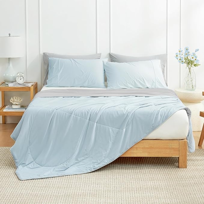 Cozy Bliss Cooling Comforter Queen Size, Cooling Blankets for Hot Sleepers and Night Sweats, Gray Blue Summer Comforter for Queen Size Bed, Breathable Soft Lightweight Silk Smooth