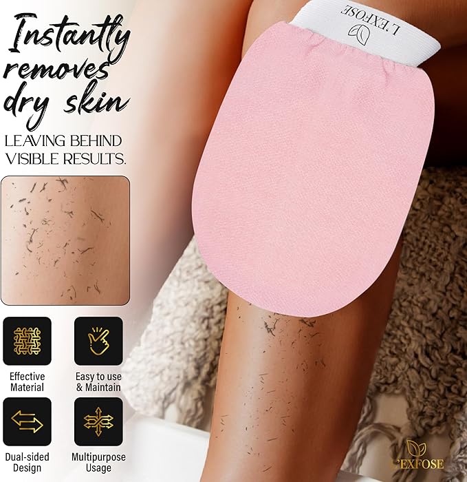 L'Exfose Kessa Hammam Deep Exfoliating Glove for Shower - Korean Exfoliating Mitt Body Scrubber Ideal for Dead Skin Remover, Keratosis Pilaris & Self-Tanning (Black & Pink)