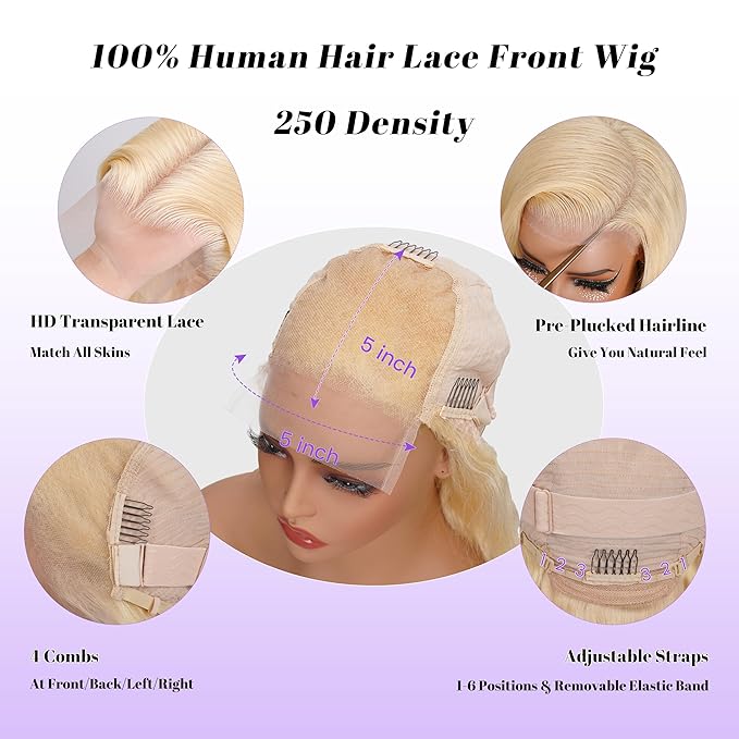 613 Lace Front Wig Human Hair Pre Plucked 250 Density 30 Inch 5x5 HD Lace Closure Straight Blonde Wig Human Hair, 100% Real Human Hair without Synthetic Blend Tangle Free Triple Lifespan 3X