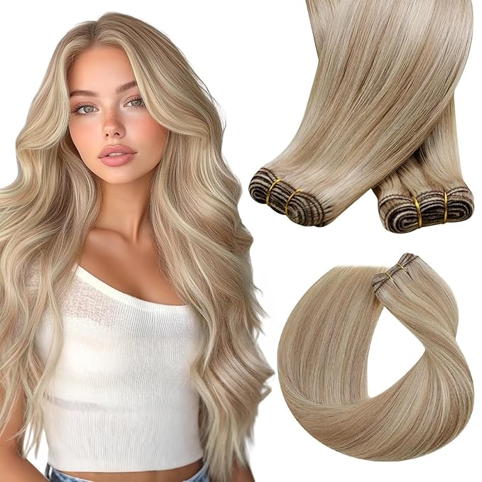 Sunny Hair Sew in Hair Extensions Real Human Hair Blonde Invisible Weft Hair Extensions Human Hair Ash Blonde Highlights Bleach Human Hair Sew in Extensions Long Straight for Women 24inch 100g