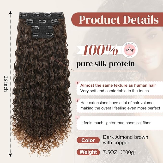LONAI 4PC Clip in Hair Extensions, 100％ Pure Protein Silk Curly Hair Extension for Women, 26 Inch Long Soft Natural Hair Extensions-Dark Almond brown with copper