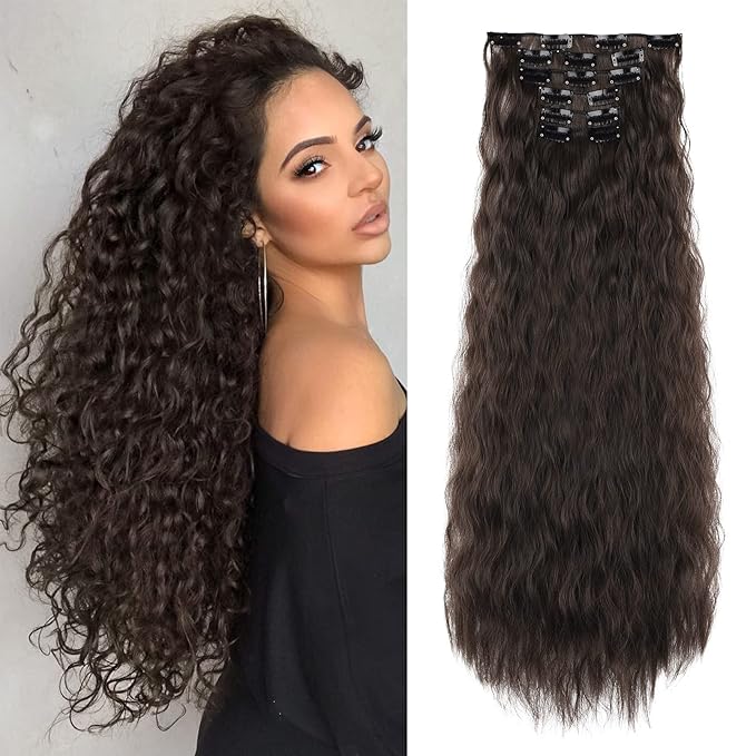 LONAI 6PCS Clip In Hair Extensions 24" Black Brown Hair Extension Long Mermaid Waves Synthetic Clip On Hairpiece For Women