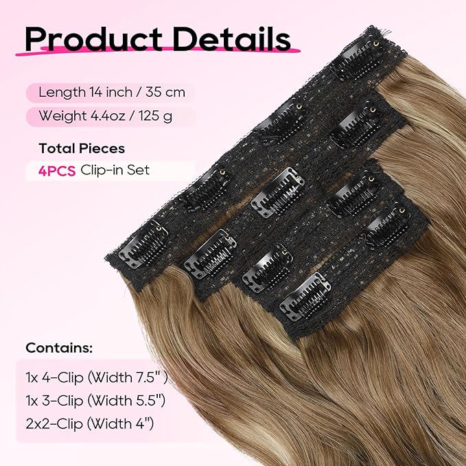 REECHO Hair Extensions, 4PCS Clip in Hair Extensions 14" Short Beach Wavy Invisible Lace Weft Natural Soft Hairpieces for Women – Dark Ash Brown with Highlights