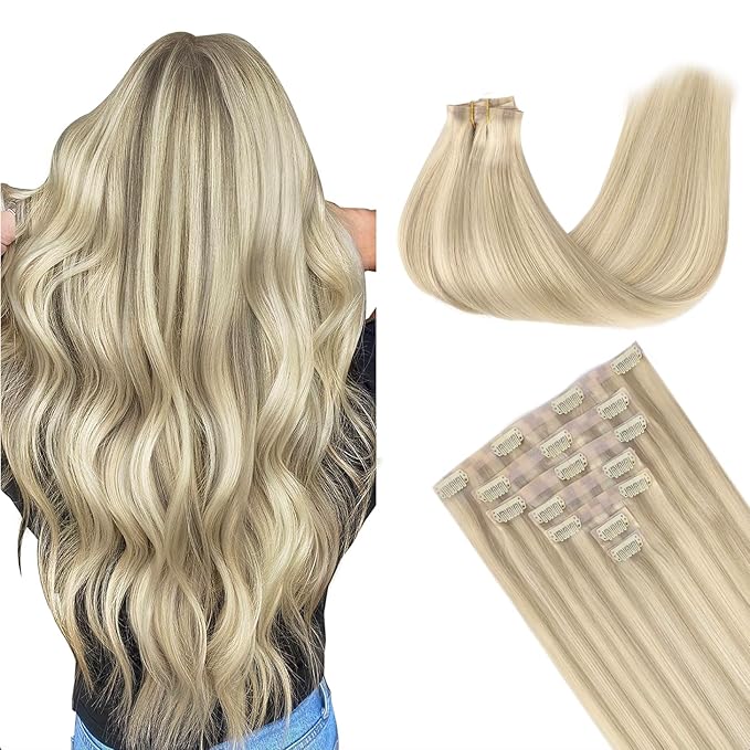 GOO GOO Clip in Hair Extensions Real Human Hair, Remy Human Hair Extensions Clip ins for Women, Natural Human Hair, 24inch 140g 7Pcs, #17A/60A Ash Blonde Highlighted Platinum Blonde