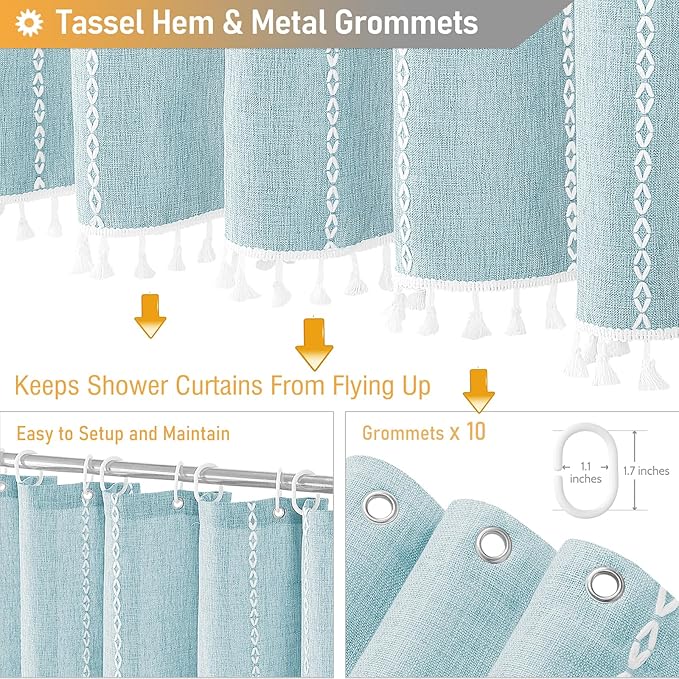 BTTN Stall Fabric Shower Curtain - 54x78 Boho Striped Linen Heavy Duty Tassel Shower Curtain Set with 10 Hooks, Narrow Rustic Modern Farmhouse Bohemian Cloth Shower Curtains for Bathroom - Fog Blue