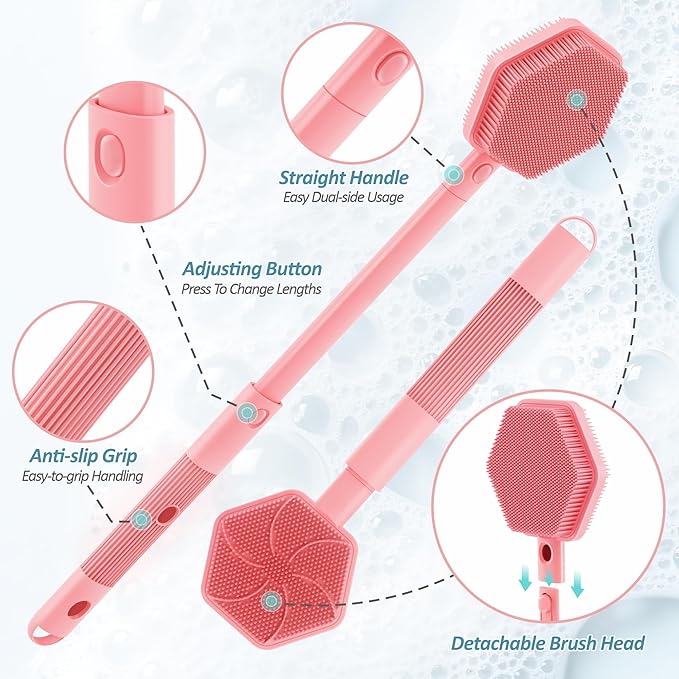 Silicone Back Scrubber for Shower, 16''-21''Extendable Shower Back Scrubber with Dual-Side Large Brush Head, 3-Length Back Brush Bath Brush with Strong Handle & Rich Foaming Bristles(Pink)