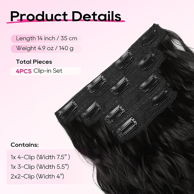 REECHO Clip in Hair Extensions, 4PCS Hair Extensions 14" Short Wavy Invisible Lace Weft Natural Soft Hairpieces for Women – Black Brown