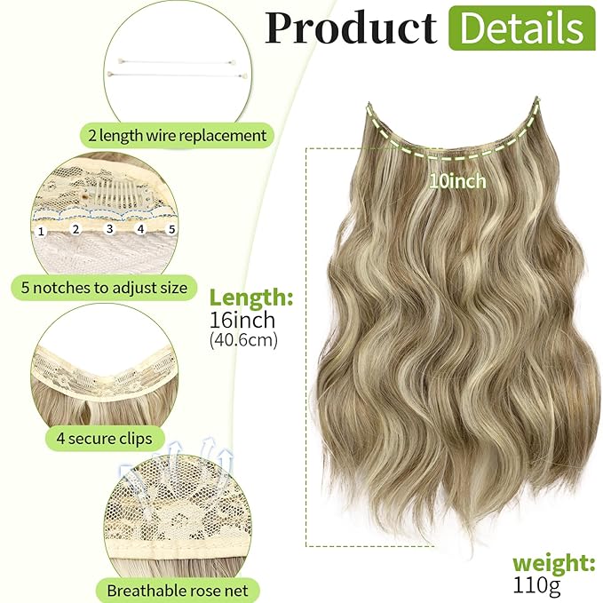 KooKaStyle Invisible Wire Hair Extensions with Transparent Headband Adjustable Size 4 Secure Clips Long Wavy Secret Wire Hairpiece 10H24#Dirty Blonde Mixed Bleach Blonde 16 Inch for Women