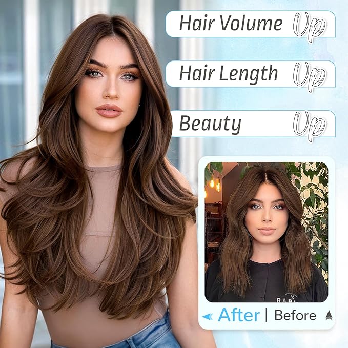 KooKaStyle Invisible Wire Hair Extensions Long Straight Layered Synthetic with Transparent Wire Adjustable Size 6 Secure Clips Hairpieces for Women 20 Inch (20 Inch, Medium Brown6/10#)
