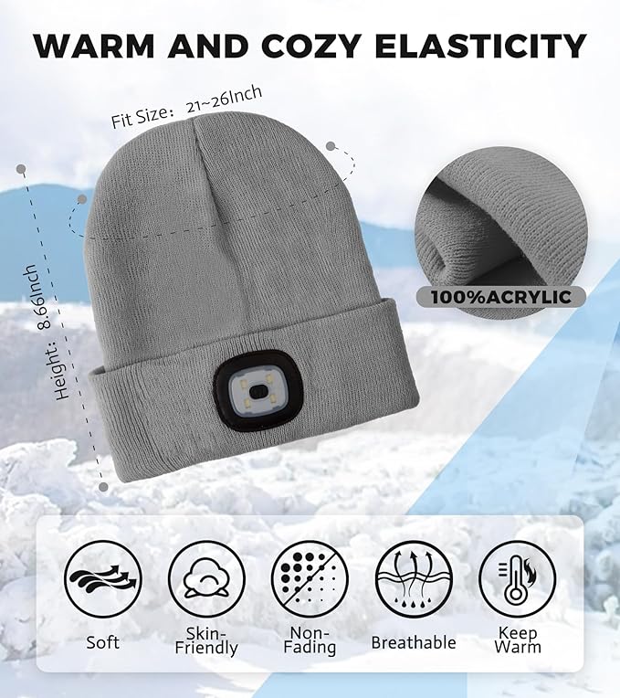Unisex LED Beanie with Light, Rechargeable Headlamp Hat, Fathers Day Dad Gifts for Men, Warm Knitted Cap Birthday Gifts for Dad Adults Teens Men Women Him