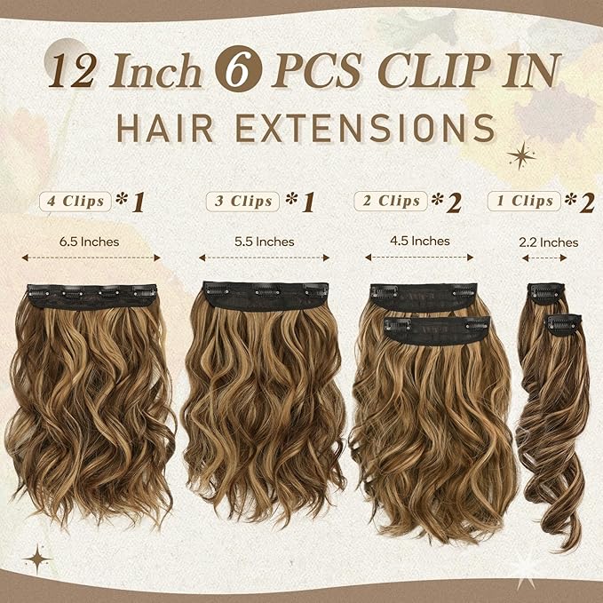 BARSDAR Clip in Hair Extensions - 12 Inch Short Wavy Highlight Hair Extensions for Women - 6PCs Thick Soft Synthetic Clip in Hairpieces Daily - Chocolate Brown with Highlights