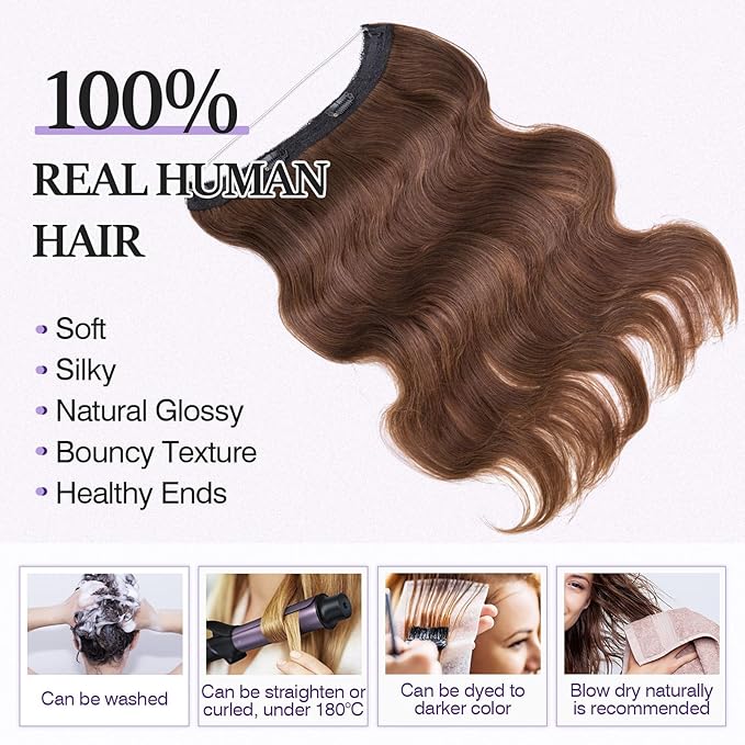Halo Hair Extensions Real Human Hair,Halo Hair Extension 100% Human Hair,Wire Hair Extensions,Wavy 04 Medium Brown 65g/16inch