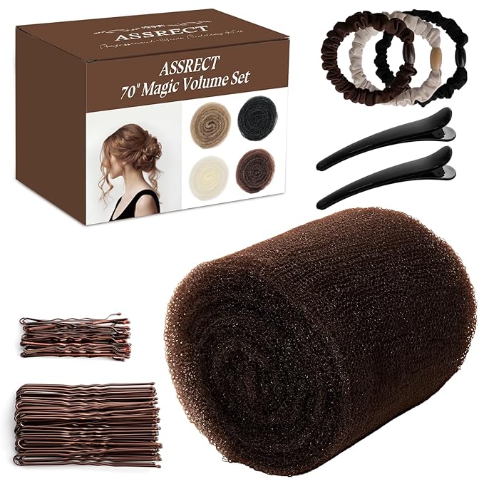 70 * 5"Updo Hair Hair Bumps, Volume Insert Kit Accessories with 20 Bobby Pins, 20 U-Shape Pins, 2 Duckbill Clips, 3 Hair Ties Ponytail Volumizer For Bun, Wedding, Party (Brown)