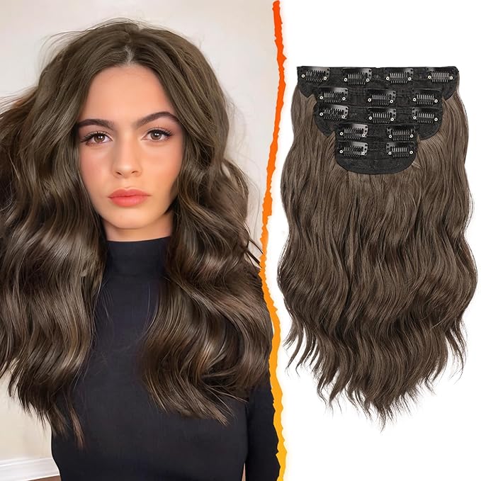 BARSDAR Wavy Golden Chestnut Brown Clip in Hair Extensions - 14 Inch Short Wavy Clip in Hair Extensions for Women - 5PCs Thick Soft Synthetic Voluminous Easy Wear Brown Hairpieces Daily Party