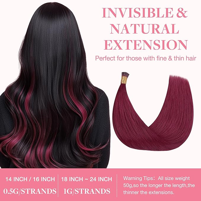 GOO GOO Colored I Tip Hair Extensions Real Human Hair, 20inch 50g 50S, Cold Fusion I Tip Hair Extensions, Invisible Remy Hair Extensions, Burgundy Red