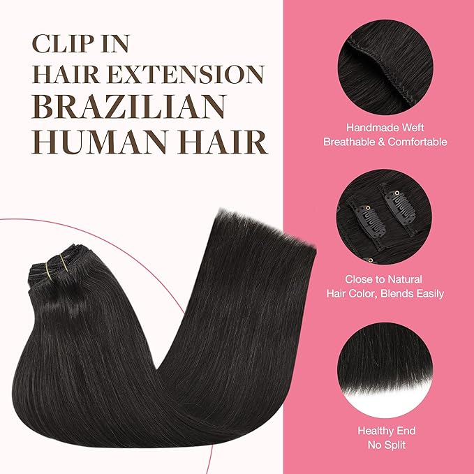 GOO GOO Clip in Hair Extensions Real Human Hair, Remy Human Hair Extensions Clip ins for Women, Natural Human Hair, 22inch 220g 9Pcs, #1B Natural Black