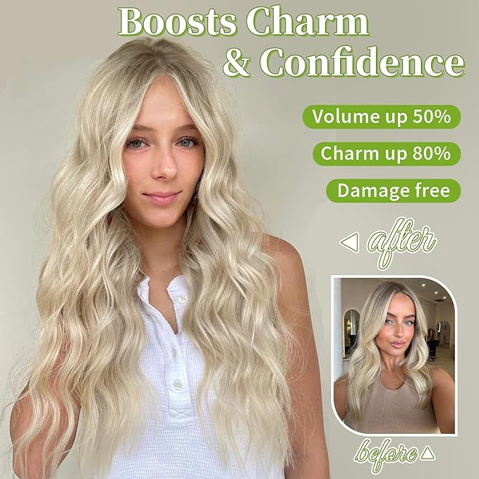 KooKaStyle Invisible Wire Hair Extensions with Transparent Headband Adjustable Size 4 Secure Clips Long Wavy Secret Wire Hairpiece Light Brown mix Platinum Blonde 24 Inch for Women