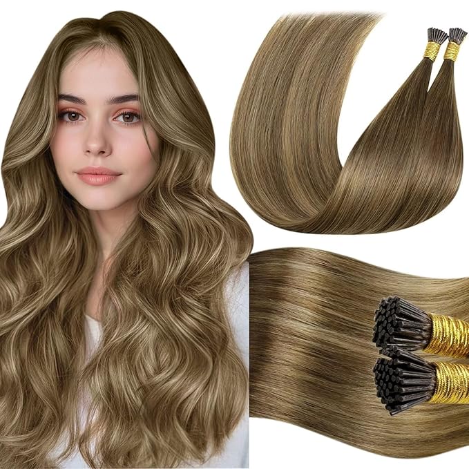LaaVoo I Tip Hair Extensions Balayage Brown I Tip Hair Extensions Medium Brown Ombre Light Brown to Golden Brown Itip Human Hair Extension Soft Hair 20inch 100g 100s