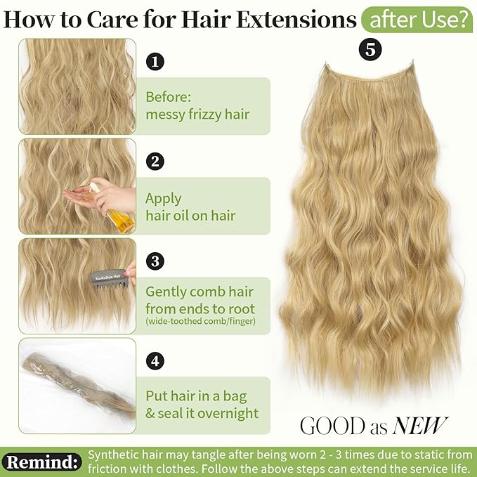 KooKaStyle Invisible Wire Hair Extensions with Transparent Wire Adjustable Size Long Wavy Synthetic Hairpiece 15/613#Golden Blonde 24 Inch with 4 Secure Clips for Women