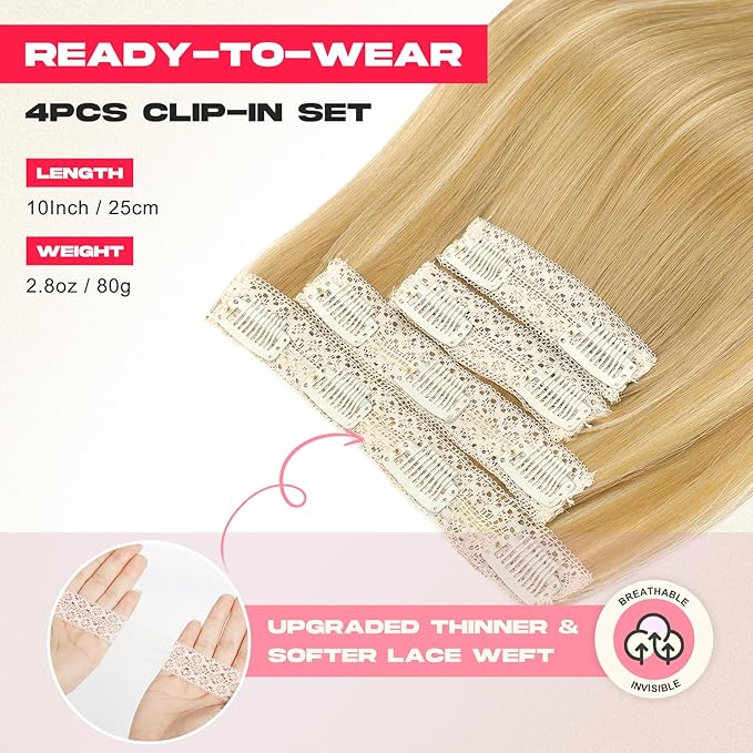 Hair Extensions, 10" Short Clip in Hair Extensions 4PCS Straight Natural Soft Synthetic Hairpiece for Women- Golden Blonde with Highlights