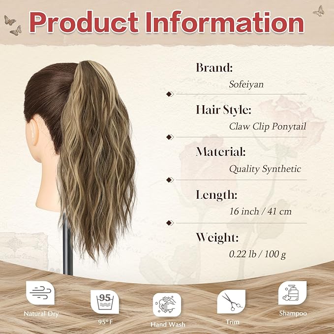 SOFEIYAN Ponytail Extension 16" Curly Wavy Claw Clip Ponytail Hair Extensions Small Claw Clip in Hairpiece Fluffy Clip on Pony Tails Jaw Clips for Women Synthetic Hairpiece, Brown Highlight Blonde