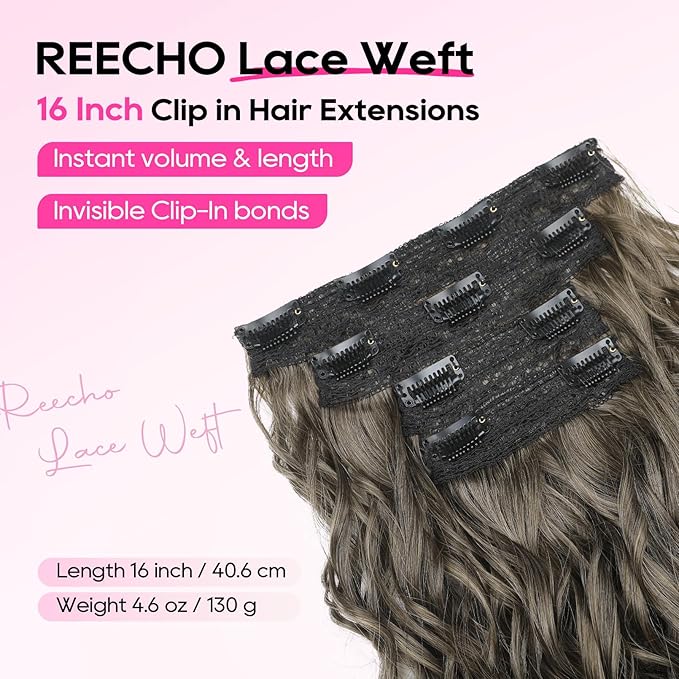REECHO Curly Hair Extensions, 4PCS 16 inch Clip in Hair Extensions Lace Weft Short Curly Extension Clip Ins Invisible Natural Hairpieces for Women, Ombre Brown